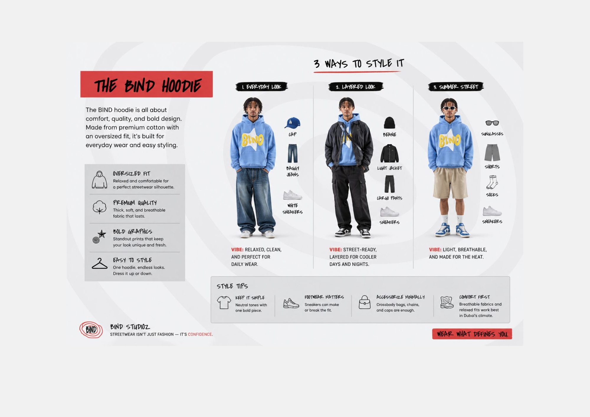 Streetwear hoodie styling guide in Dubai showing UAE outfit ideas with oversized hoodie, sneakers, and casual street looks